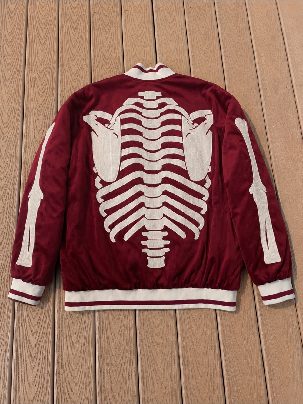 Maroon Velvet Bomber Jacket with White Skeleton Graphic - Picture 2 of 2